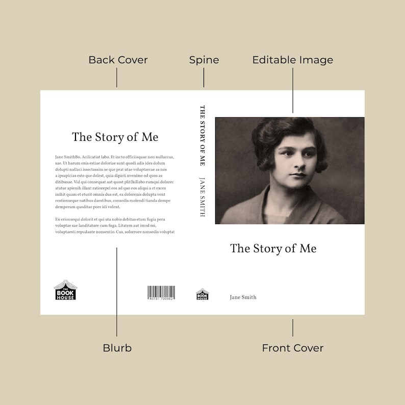 May include: The front and back covers of a book titled "The Story of Me" by Jane Smith. The front cover features a black and white photograph of a woman with short hair. The back cover has a blurb about the book.