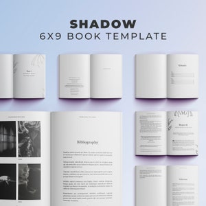 Puede incluir: Maqueta de una plantilla de libro 6x9 titulada "SHADOW" en texto negro. La plantilla incluye p&aacute;ginas dobles abiertas con p&aacute;ginas en blanco, una tabla de contenidos y una bibliograf&iacute;a. El dise&ntilde;o presenta ilustraciones florales minimalistas.