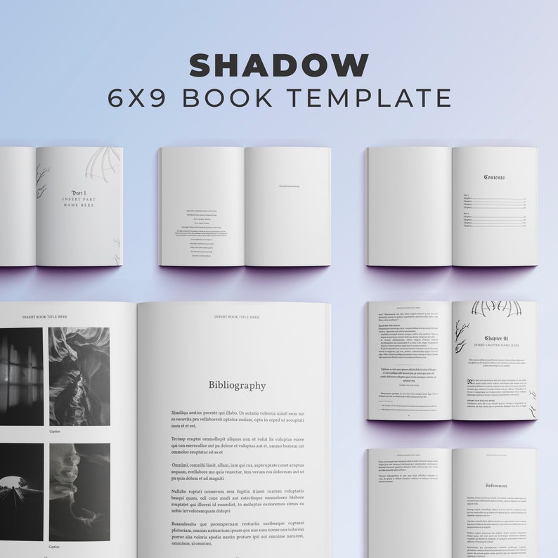 Puede incluir: Maqueta de una plantilla de libro 6x9 titulada "SHADOW" en texto negro. La plantilla incluye p&aacute;ginas dobles abiertas con p&aacute;ginas en blanco, una tabla de contenidos y una bibliograf&iacute;a. El dise&ntilde;o presenta ilustraciones florales minimalistas.