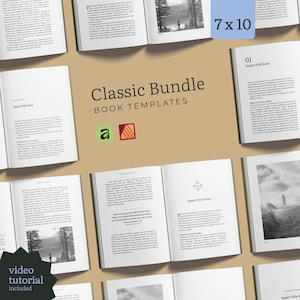 May include: A collection of open book templates featuring black text on white pages with black and white landscape photography. The central text reads Classic Bundle BOOK TEMPLATES. A blue box displays 7 x 10, and a black star shape reads video tutorial included.