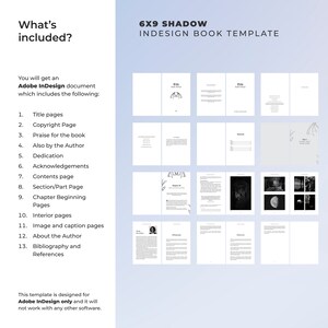 Puede incluir: Una plantilla de libro InDesign 6x9 Shadow. La plantilla incluye p&aacute;ginas de t&iacute;tulo, p&aacute;ginas de derechos de autor y p&aacute;ginas interiores. El dise&ntilde;o es solo para Adobe InDesign y no funcionar&aacute; con otro software. Incluye p&aacute;ginas de imagen y leyenda.