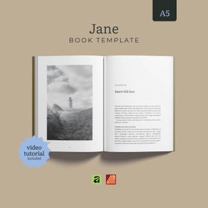 May include: An A5 book template titled Jane, featuring an open book layout with a black and white photograph of a lighthouse on the left page and placeholder text on the right. A light blue star-shaped badge indicates a video tutorial is included.