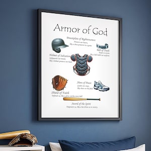 Puede incluir: Una impresión enmarcada titulada "Armadura de Dios" con ilustraciones de equipamiento de béisbol que simbolizan conceptos espirituales. La obra de arte incluye un casco, un protector de pecho, un guante, zapatos y un bate, con texto adjunto.