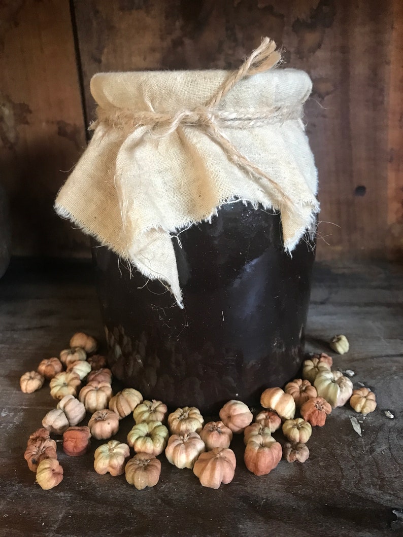 May include: A brown ceramic jar with a cloth lid tied with twine, surrounded by small, light brown, dried flower buds.