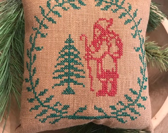 Santa Tree Wreath Cross Stitch Pillow