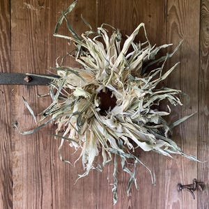 Puede incluir: Una corona de hojas de maíz secas, en tonos crema y verdes, cuelga de una puerta de madera envejecida. La corona es circular, con hojas y cáscaras secas que irradian hacia afuera. Se ven una bisagra y un pestillo de metal.