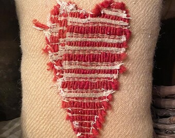 Primitive Red Coverlet Heart Wool Pillow Handmade Antique