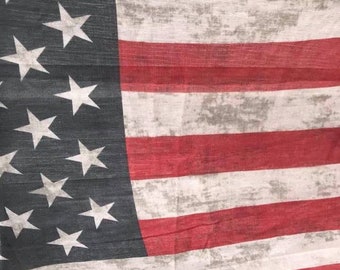 May include: A faded American flag with red and white stripes and a field of blue stars. The flag is made of a thin, woven fabric and has a distressed look.