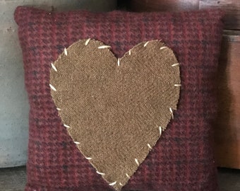 Vintage Wool Heart Pillow Rag Stuffed Primitive Pillow Dk Red/Tan