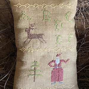 Cross Stitch ABCD Sampler Santa Pillow Tick Primitive Bowl Trencher Display Handmade American Made
