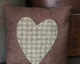 Rag Stuffed Wool Heart Pillow Brown Cream Grey Primitive Handmade