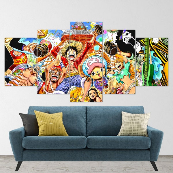 One Piece Luffy, Pirates au chapeau de paille, 5 pièces d'art mural sur toile, impression d'affiche une pièce, oeuvre d'art One Piece Luffy, 5 panneaux, cadeau une pièce