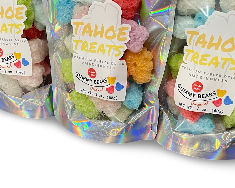 May include: Three bags of freeze-dried gummy bears in assorted colors. The bags are labeled "Tahoe Treats" and "Gummy Bears Original" with a net weight of 2 oz (60g).