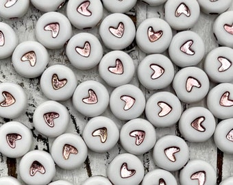 7mm White & Rose Gold Heart Letter Acrylic Bead/ Round Heart Beads/ Acrylic Heart Beads/ Opaque Heart Bead/ White Heart/ Gold Heart Bead
