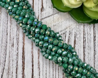 FINAL SALE *** 6mm x 5mm Round Faceted Iridescent Moss Green Opaque Crystal Glass Bead 17 inch strand / 85 beads / Rondelle bead /