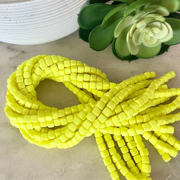 6mm x 6mm Neon Yellow Chunky Polymer Clay Cube 15.5 inch strand / African clay /Vinyl Bead/ wholesale / 60 - 65 beads per strand
