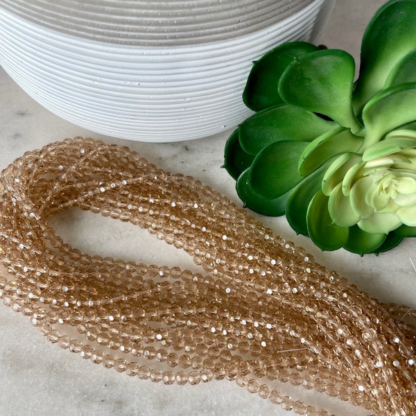 NEW SIZE*** 6mm Round Faceted Champagne Gold Crystal Glass Bead 21 inch strand / Approx 100 beads / Rondelle/ Boho Crystal Bead