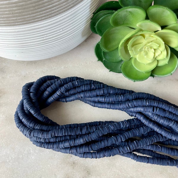 6mm ~ 6.5mm Navy Blue Heishi 15.5 & 17.5 inch strand / African disk / soft polymer clay / vinyl bead / wholesale / 350-400 beads
