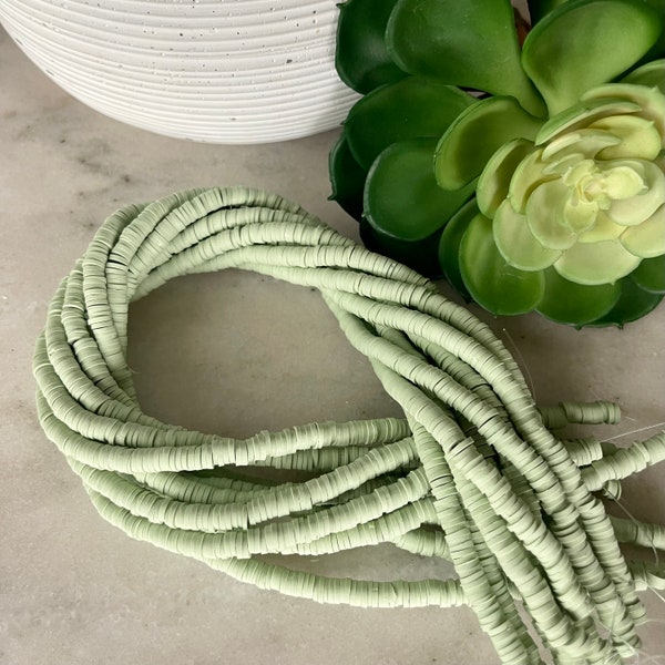 6mm Light Mint Sage Green Heishi 15.5 inch strand / African disk / soft polymer clay / vinyl bead / wholesale / 325-350 beads