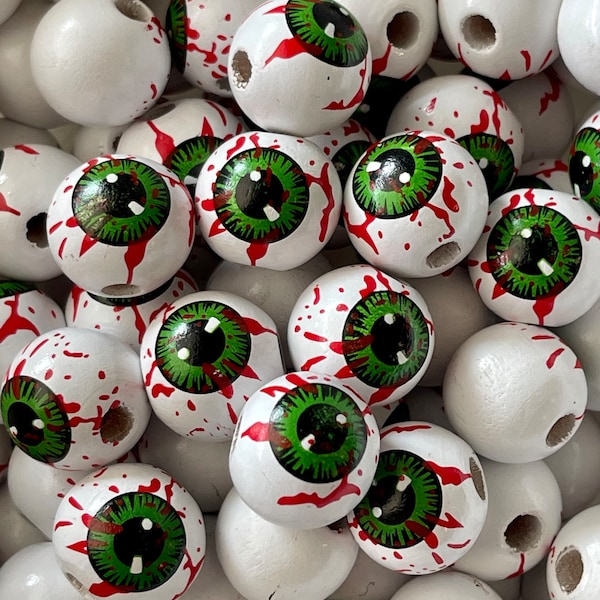 Halloween Blood Shot Evil Eye Bead Garland / Horror Movie Friday the 13th Beads / Boho Beads / Painted Wood Holiday Bead / Schima Bead