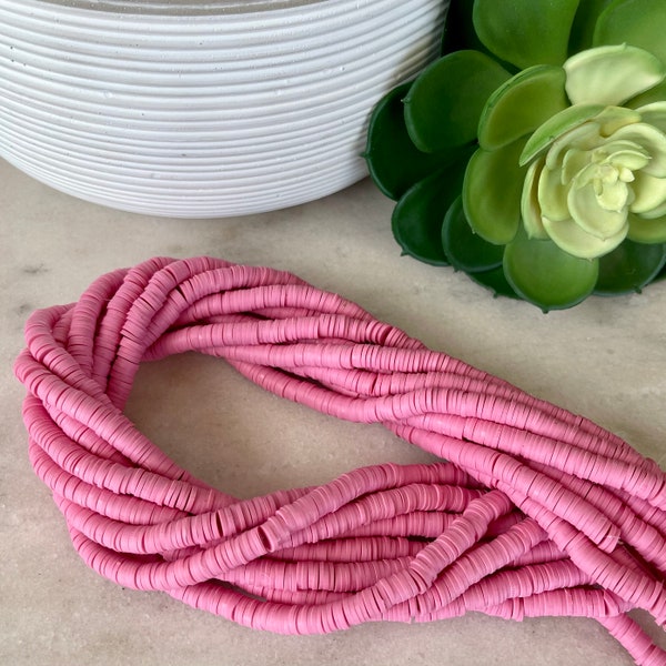 6mm Medium Rose Pink Heishi 15.5 inch strand / African disk / soft polymer clay / vinyl bead / wholesale / 350-375 beads per strand