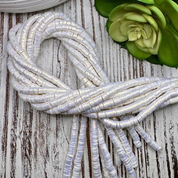 6mm Iridescent Metallic Pearl White Heishi 15.5 inch strand / African disk / soft polymer clay / vinyl bead / wholesale /350-375 beads