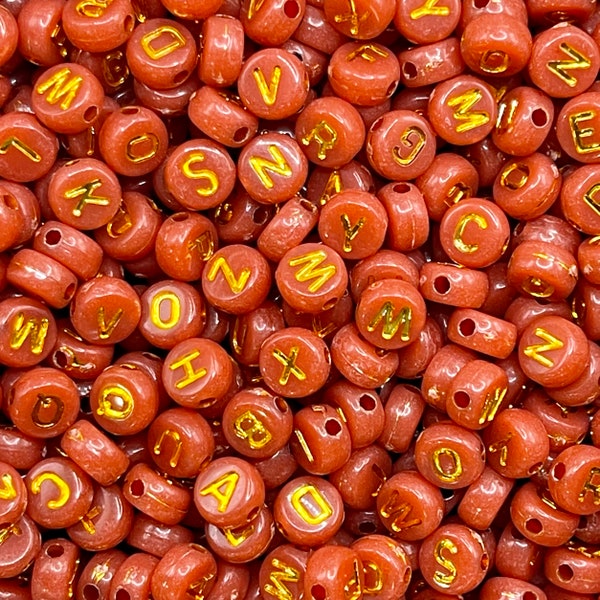 7mm Sunset Red Orange Copper Gold Letter Acrylic Bead/Round Letter Beads/Acrylic Alphabet Beads/ Opaque Letter Bead/ Boho Alphabet/ABC Bead