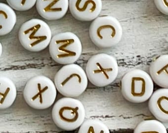 7mm White & Copper Gold Alphabet Letter Acrylic Bead/ Round Letter Bead/ Acrylic Alphabet Bead/ Opaque Letter Bead/ White Alphabet/ ABC Bead