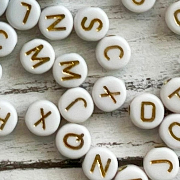 7mm White & Copper Gold Alphabet Letter Acrylic Bead/ Round Letter Bead/ Acrylic Alphabet Bead/ Opaque Letter Bead/ White Alphabet/ ABC Bead