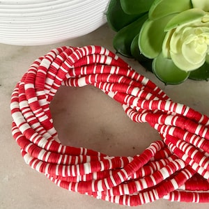6mm Red & White Candy Cane Mix Heishi 15.5 inch strand / African disk / soft polymer clay / vinyl bead / wholesale / 325-375 beads