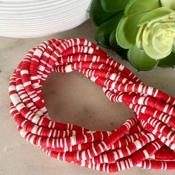 6mm Red & White Candy Cane Mix Heishi 15.5 inch strand / African disk / soft polymer clay / vinyl bead / wholesale / 325-375 beads