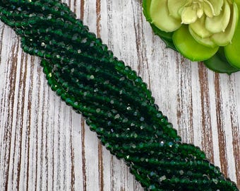 FINAL SALE *** 6mm Round Faceted Dark Green Crystal Transparent Glass Bead 15 " strand / Approx 82 beads / Rondelle/