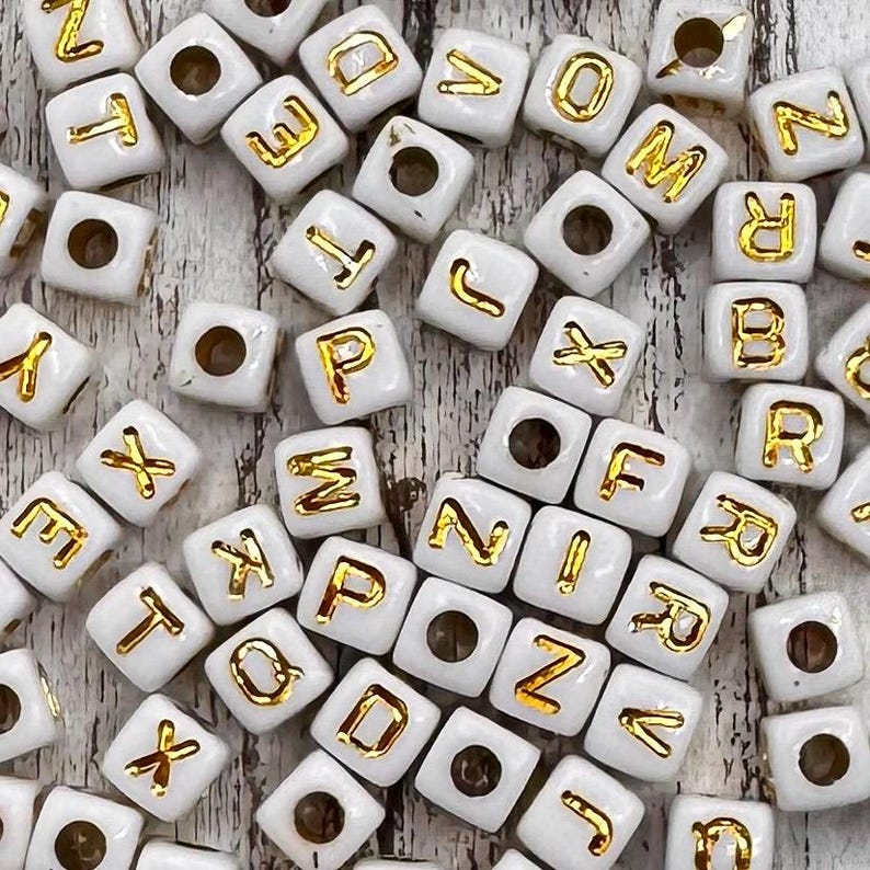 Bead Lettering FINAL SALE ***4.5mm White & Gold Alphabet Letter Acrylic Bead/ Small ...