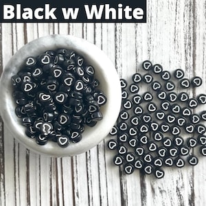 7mm White & Black Heart Letter Acrylic Bead/ Round Heart Beads/ Acrylic Heart Beads/ Opaque Heart Bead/ White Heart/ Black Heart Bead