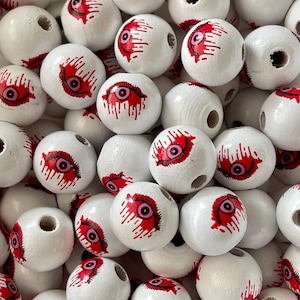 FINAL SALE***  TEN (10) Halloween Evil Bloody Eye Bead Garland / Horror Movie Friday the 13th Beads / Boho Beads / Painted Wood Holiday Bead