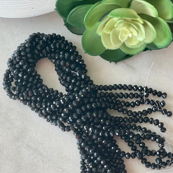 6mm x 4mm Round Faceted Solid Black Iridescent Crystal Glass Bead 17 inch strand / Approx 94 beads / Rondelle bead /Glass Faceted