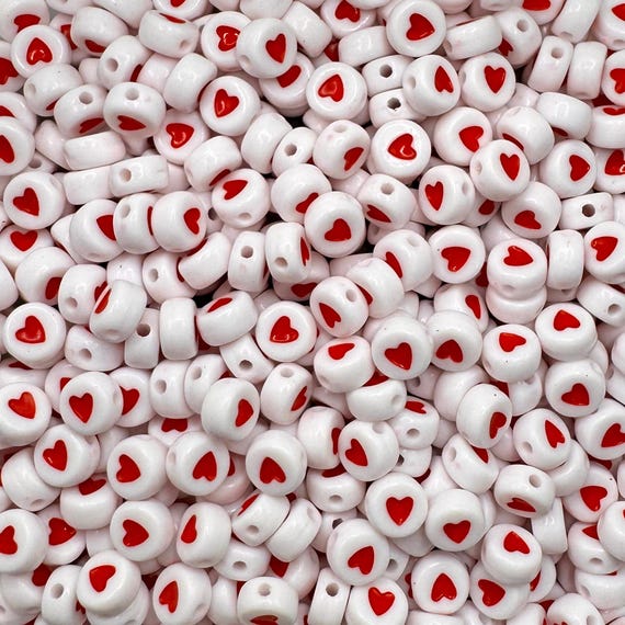 FINAL SALE *** 7mm White & Red Heart Letter Acrylic Bead/ Round