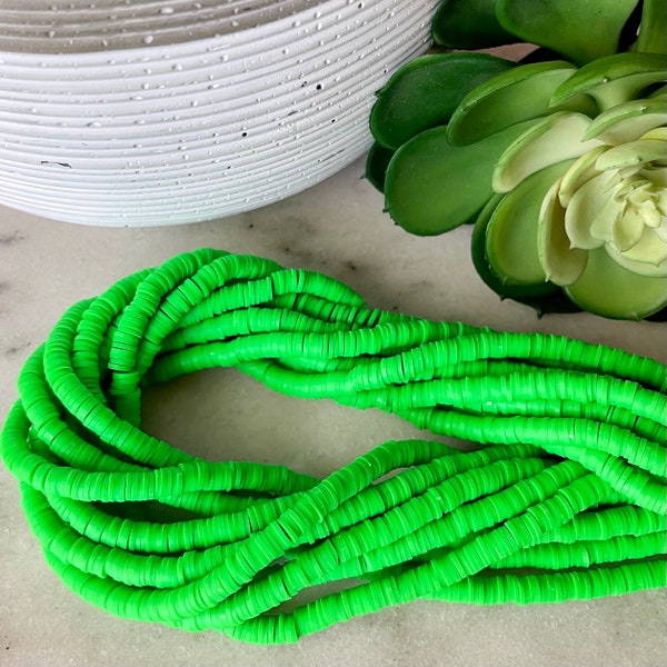 6mm Dark Lime Green Heishi 15.5 inch strand / African disk / soft polymer clay / vinyl bead / wholesale / 350-375 beads per strand