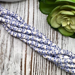 NEW***8mm Blue & White Flower Porcelain Ceramic Bead/ Chinoiserie Bead / 13 inch strand / Approx 42 beads