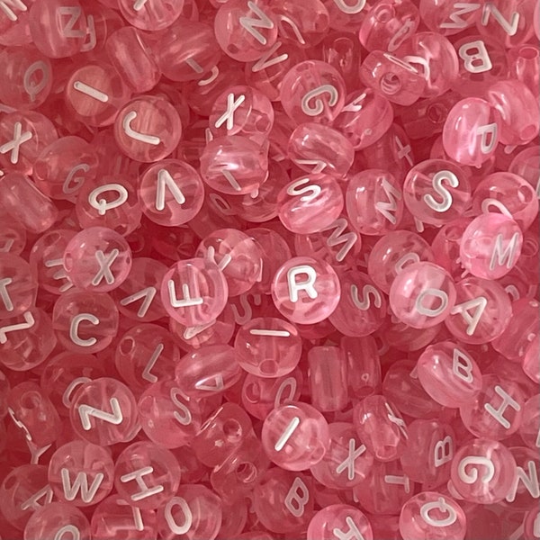 7mm Pink and White Alphabet Letter Acrylic Bead/ Round Letter Beads/ Acrylic Alphabet Beads/ Clear Letter Bead/  Pink Letter / ABC Bead