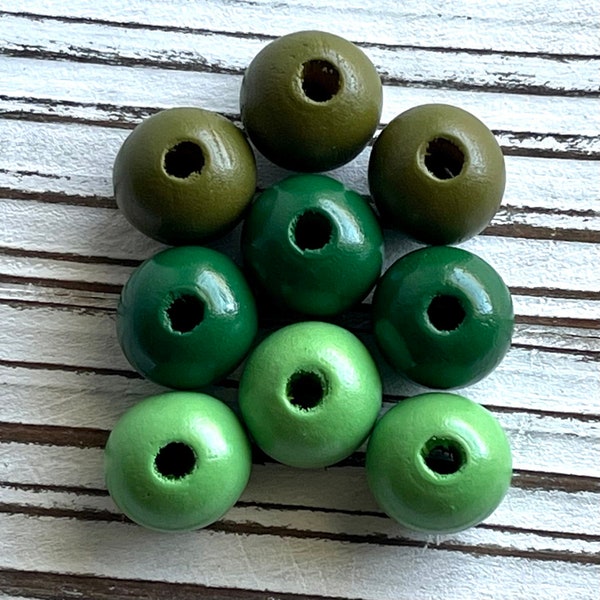 16 x 14.5mm TEN (10) Olive Light Dark Green Christmas Bead Garland /Farmhouse Beads / Boho Beads /Painted Wood Holiday Bead / Macramé Bead