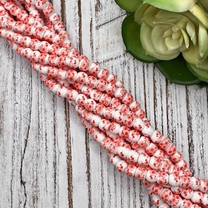 NEW*** 6mm Coral Red & White Flower Porcelain Ceramic Bead/ Chinoiserie Bead / 13 inch strand / Approx 60 beads