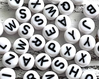 7mm White and Black Alphabet Letter Acrylic Beads/ Round Letter Beads/ Acrylic Alphabet Beads/ Opaque Letter Bead/ Alphabet Bead/ ABC Bead