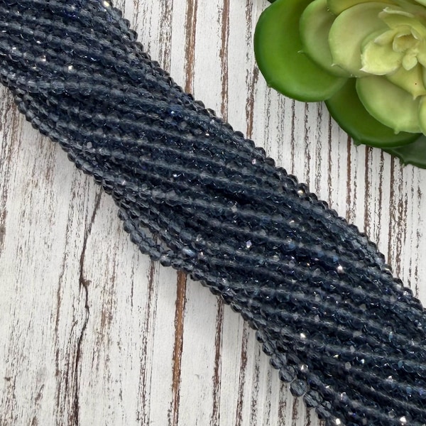 FINAL SALE *** 4mm Round Faceted Dark Slate Blue Crystal Transparent Glass Bead 15 inch strand / Approx 105 - 110 beads / 0.9 mm hole