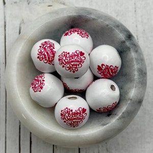 FINAL SALE*** 16 x 14mm  TEN (10) White Pink Valentine&#39;s Day Heart Bead / Farmhouse Beads / Boho Beads / Painted Wood Macramé Garland Bead