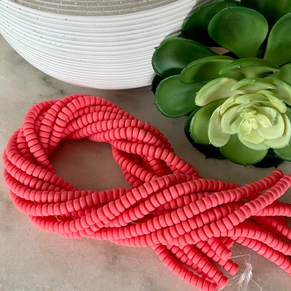 6mm x 3mm Bright Coral Chunky Polymer Clay Rondelle 16 inch strand / African clay /Vinyl Bead/ wholesale / 110 - 115 beads per strand