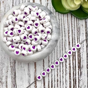NEW*** 7mm White & Purple Heart Letter Acrylic Bead/ Round Heart Beads/Acrylic Heart Beads/Opaque Heart Bead/ White Heart/ Purple Heart Bead