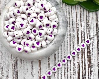 FINAL SALE *** 7mm White & Purple Heart Letter Acrylic Bead/ Round Heart Beads/Acrylic Heart Beads/Opaque Heart Bead/ Purple Heart Bead