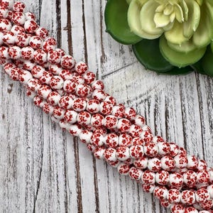 NEW*** 8mm Red & White Flower Porcelain Ceramic Bead/ Chinoiserie Bead / 13 inch strand / Approx 42 beads