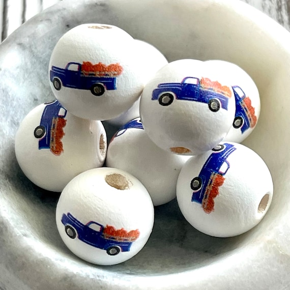 FINAL SALE*** 15.5mm  TEN (10) Fall Pumpkin Blue Truck Bead Garland / Farmhouse Beads / Thanksgiving Boho Bead / Painted Wood Holiday Bead